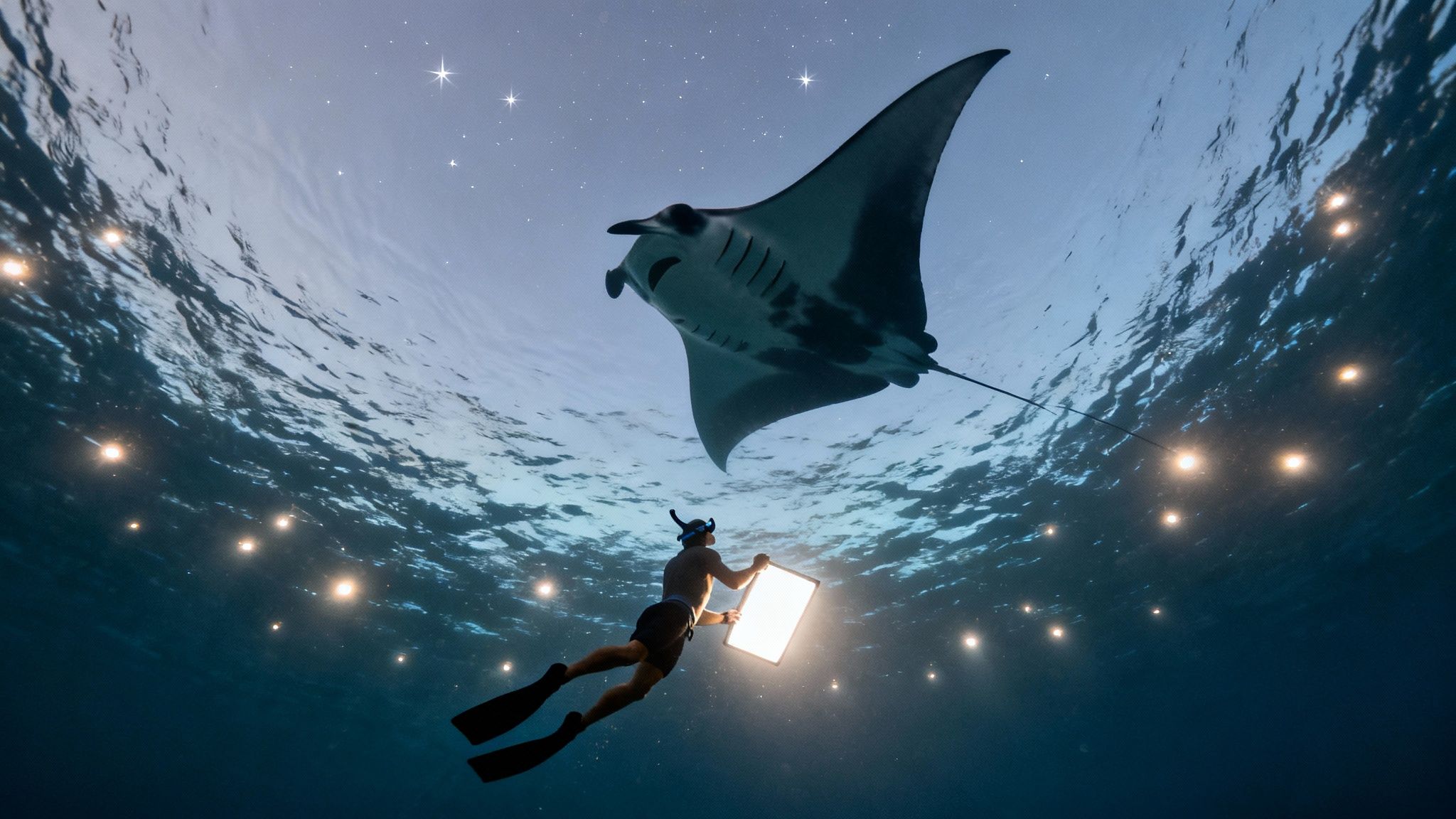 Underwater view of a snorkeler holding a light, attracting a manta ray under a starry sky.