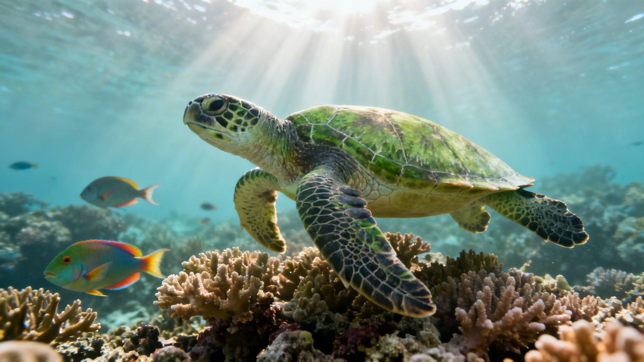 A green sea turtle swims gracefully over a vibrant coral reef, illuminated by sunlight.