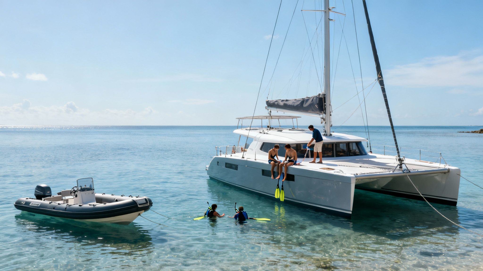 A group of people enjoying a snorkel tour from a catamaran anchored in clear blue ocean water.