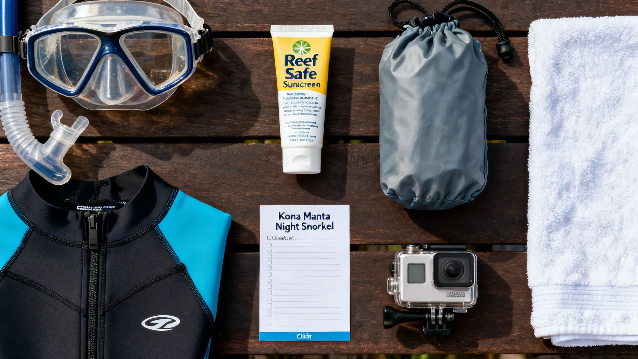 A flat lay of snorkeling gear, sunscreen, towel, and a GoPro for a night snorkel.