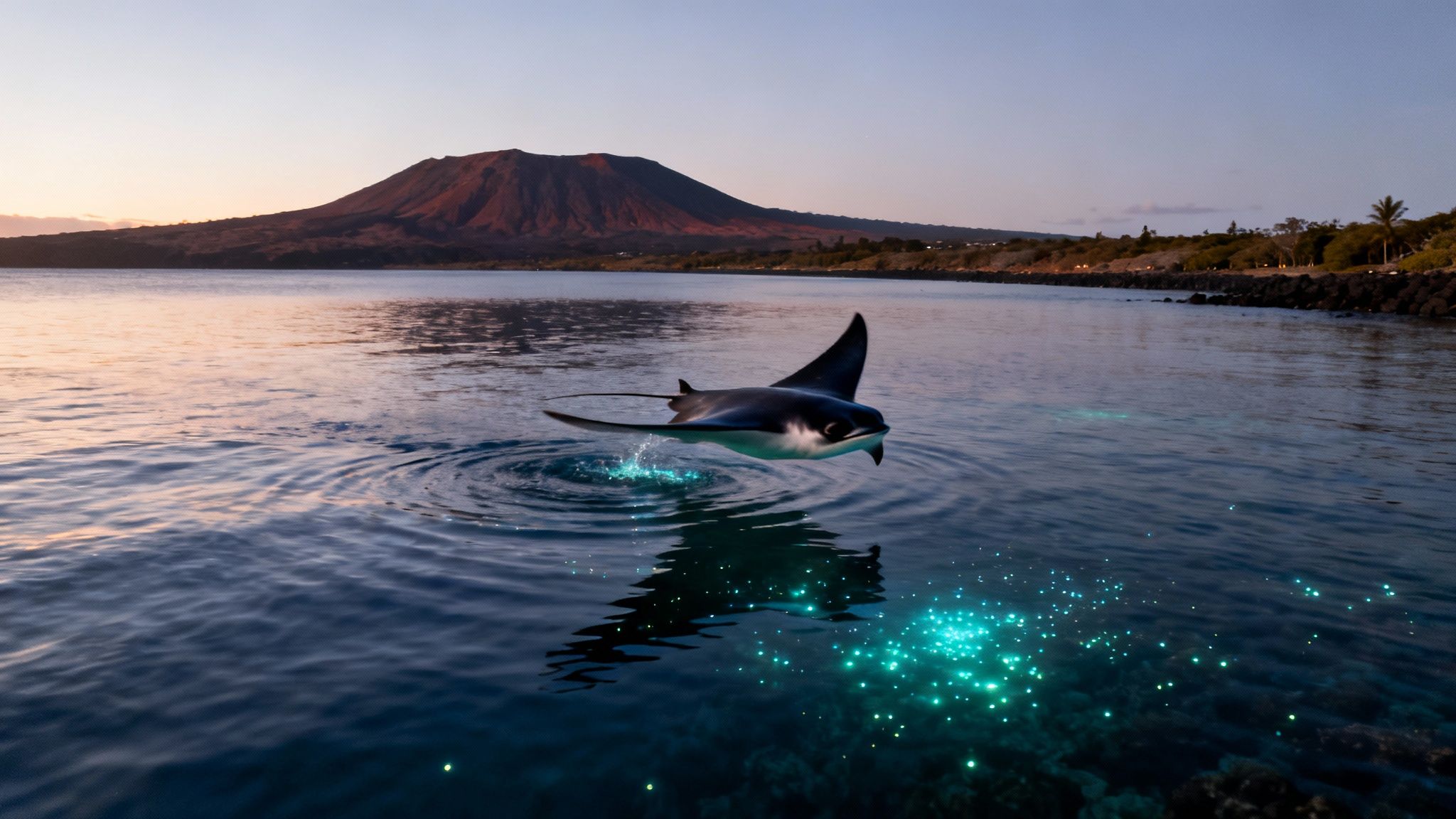A majestic manta ray leaps from ocean water at twilight, surrounded by glowing plankton.