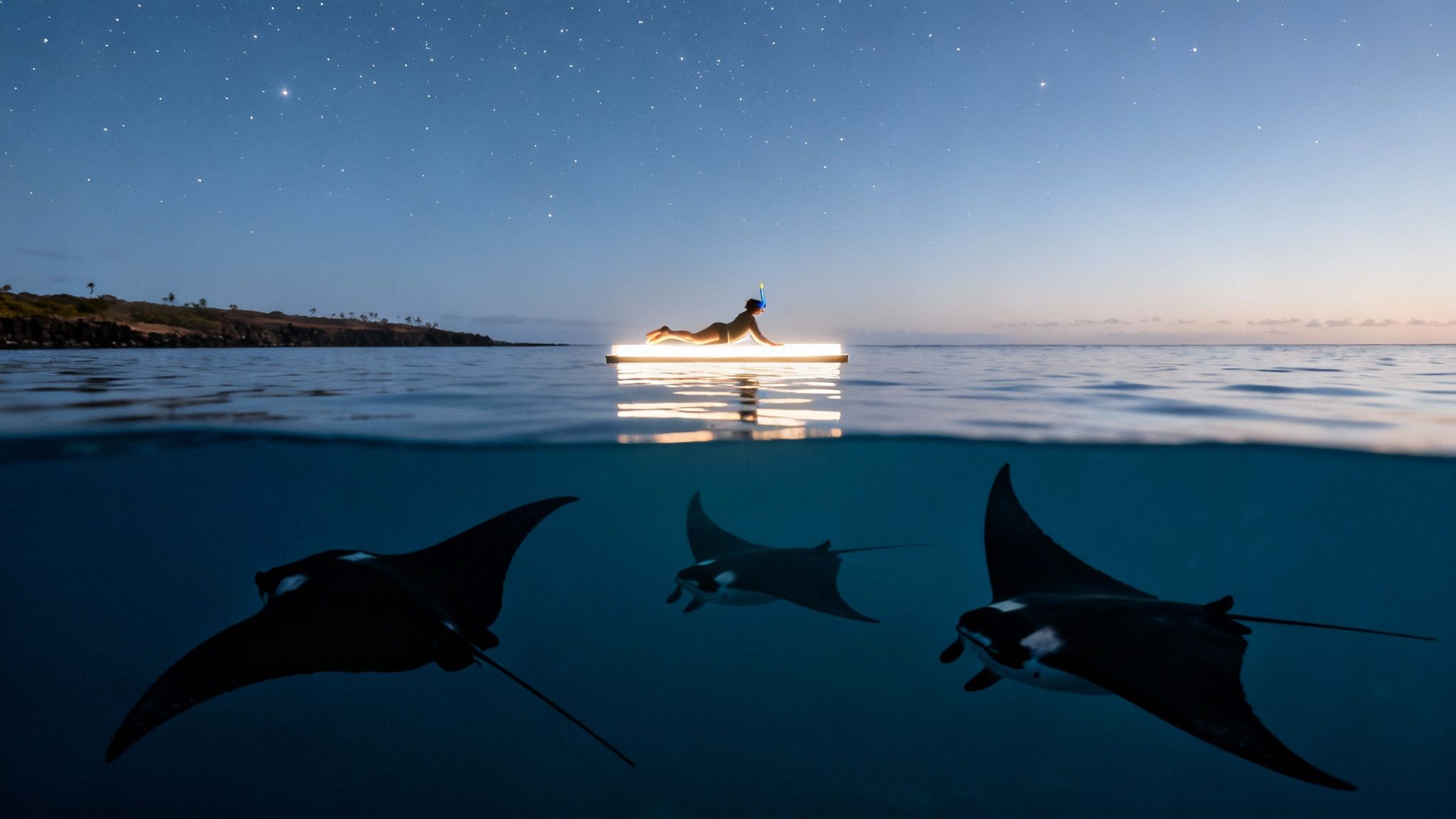 Split view: person on a glowing raft under a starry night sky, with three manta rays swimming underwater.