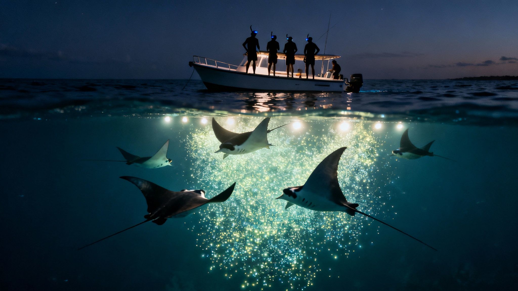Manta rays swim underwater at night, illuminated by boat lights and bioluminescent plankton.