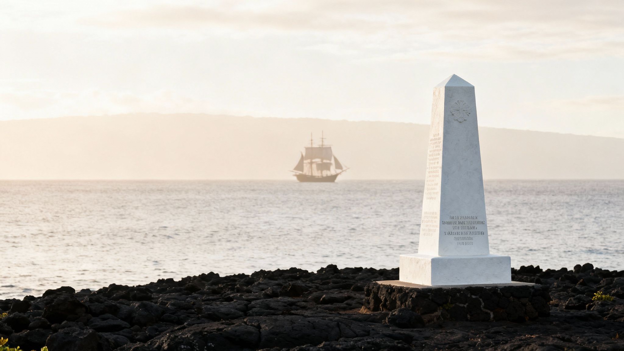 A historical painting depicting Captain Cook's arrival in Kealakekua Bay, showing large ships and Hawaiian canoes.