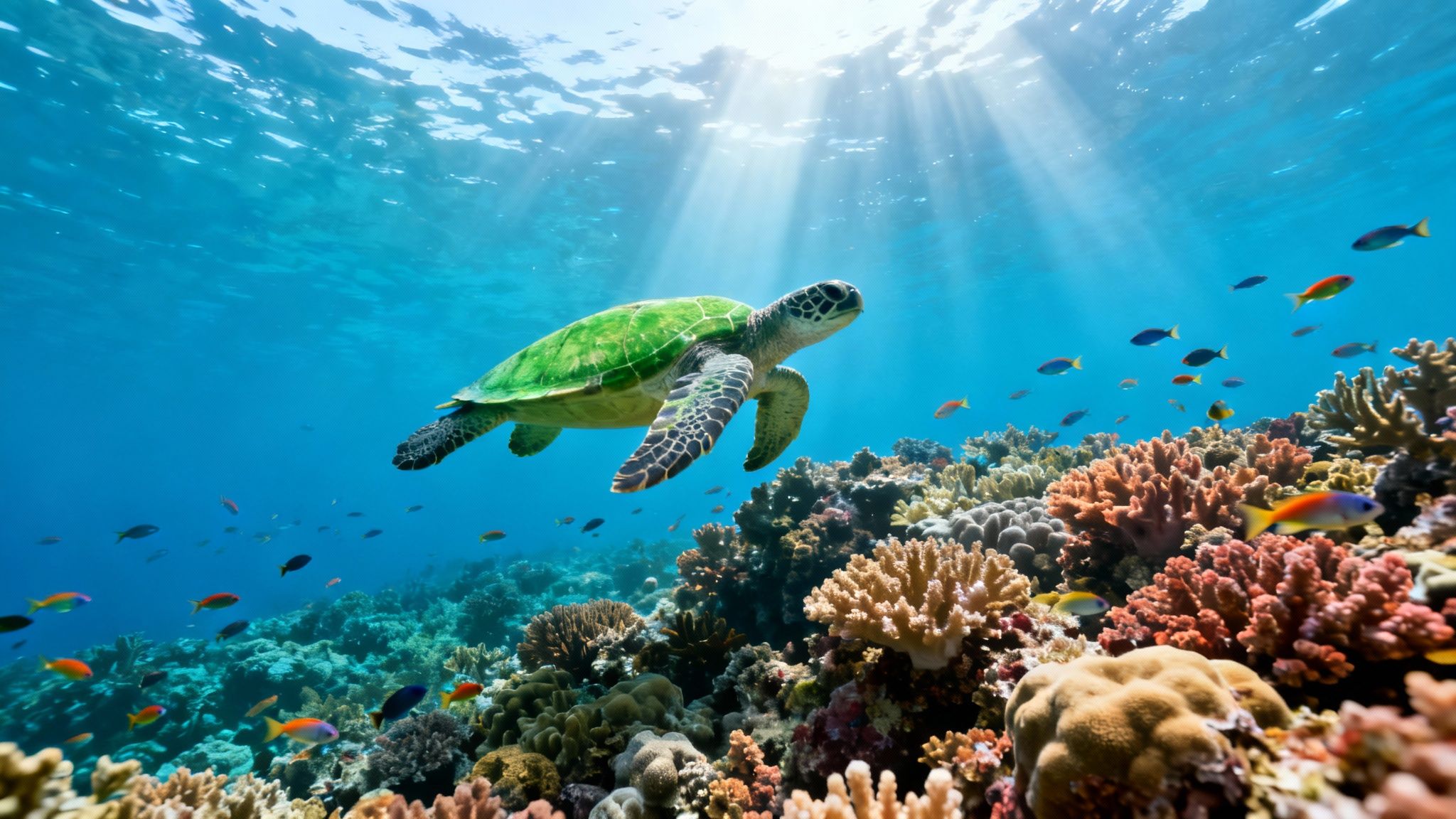 A majestic green sea turtle glides over a vibrant coral reef teeming with colorful fish under sun rays.