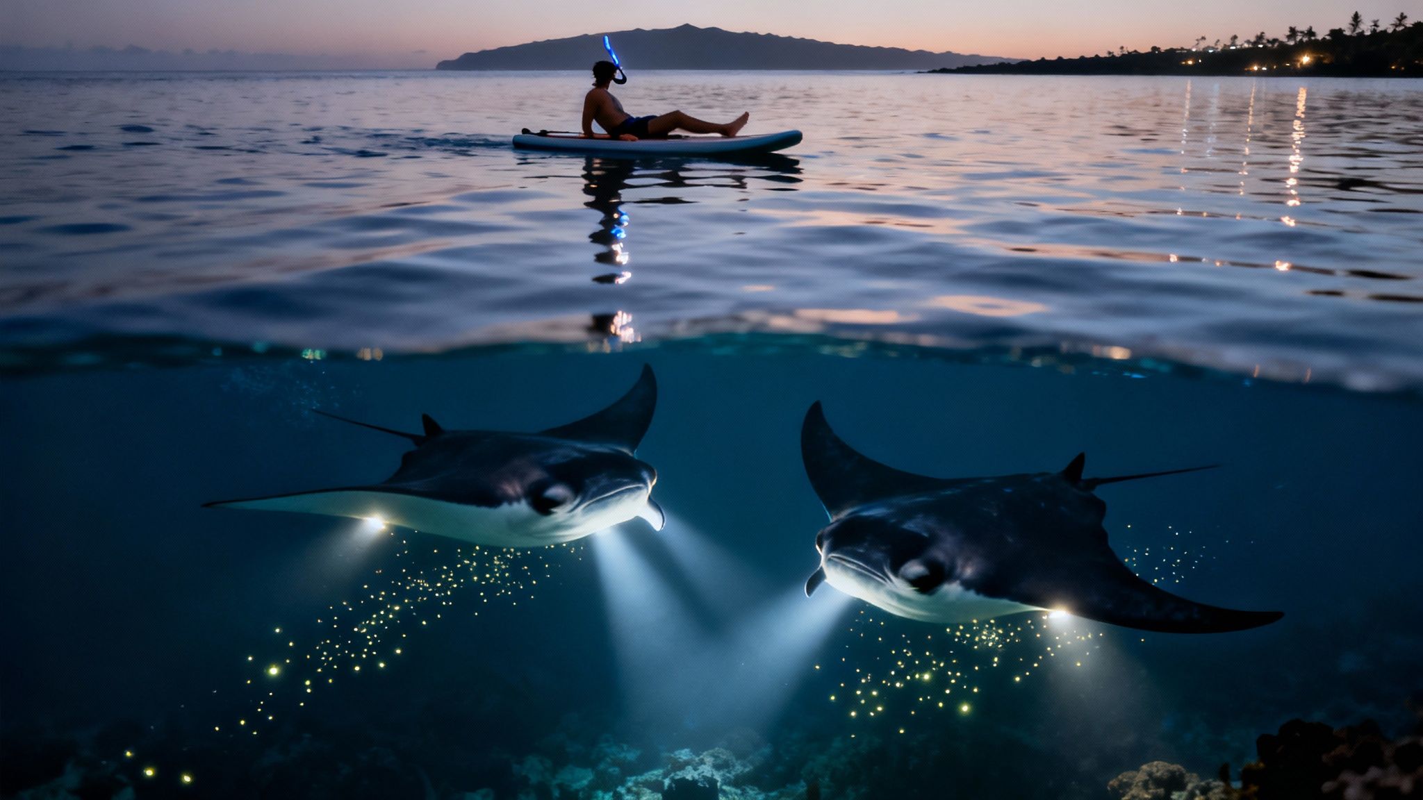 Snorkeler on paddleboard above two manta rays feeding on bioluminescent plankton at dusk in Kona