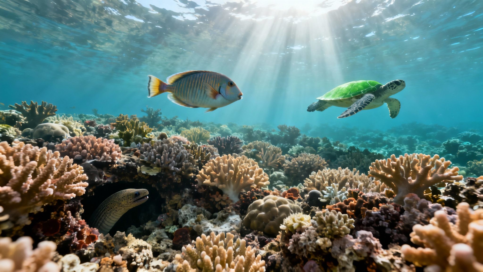Vibrant coral reef teeming with fish, a green sea turtle, and a moray eel.