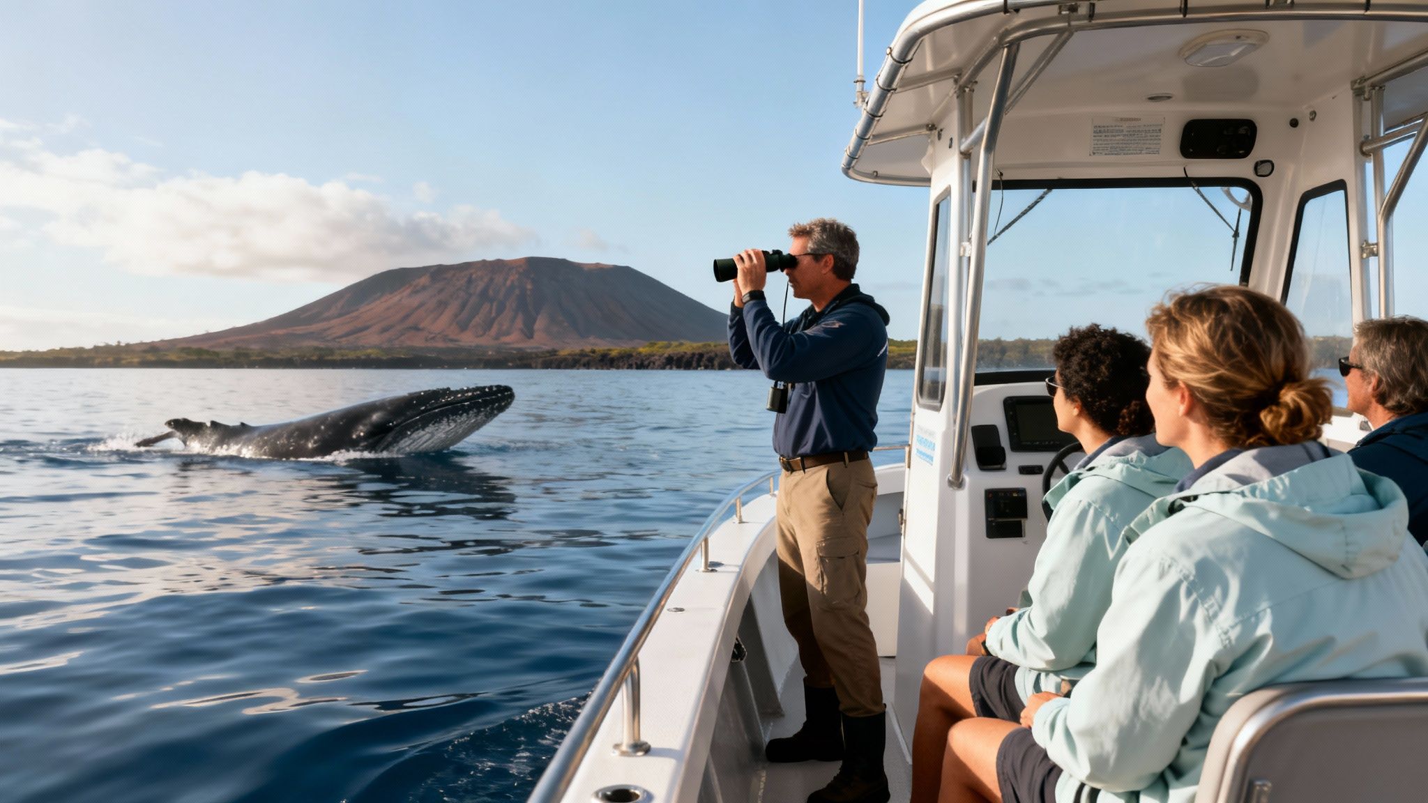People on a boat observe a majestic humpback whale breaching near a volcanic island.