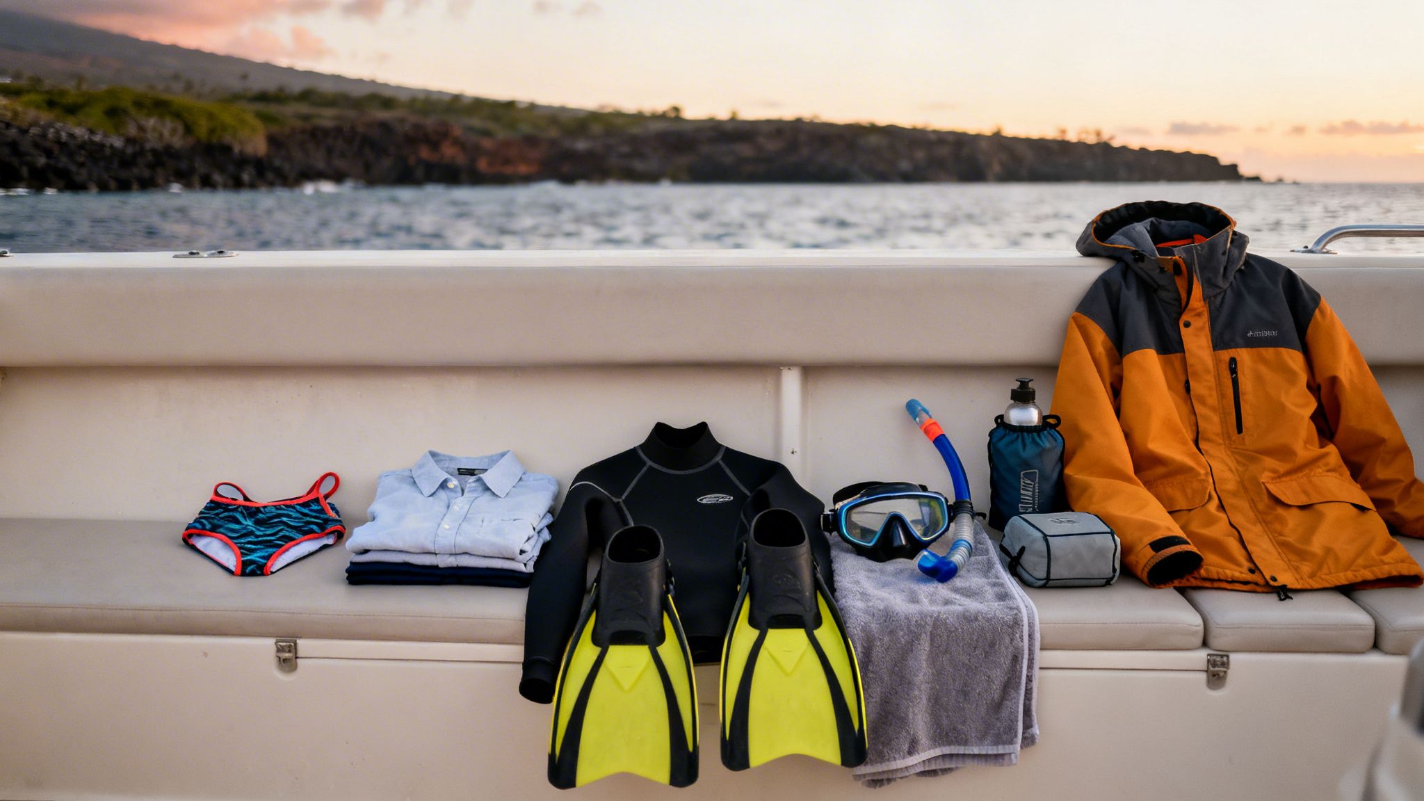 Snorkel gear, wetsuit, swimwear, and jacket laid out on a boat bench with ocean sunset.