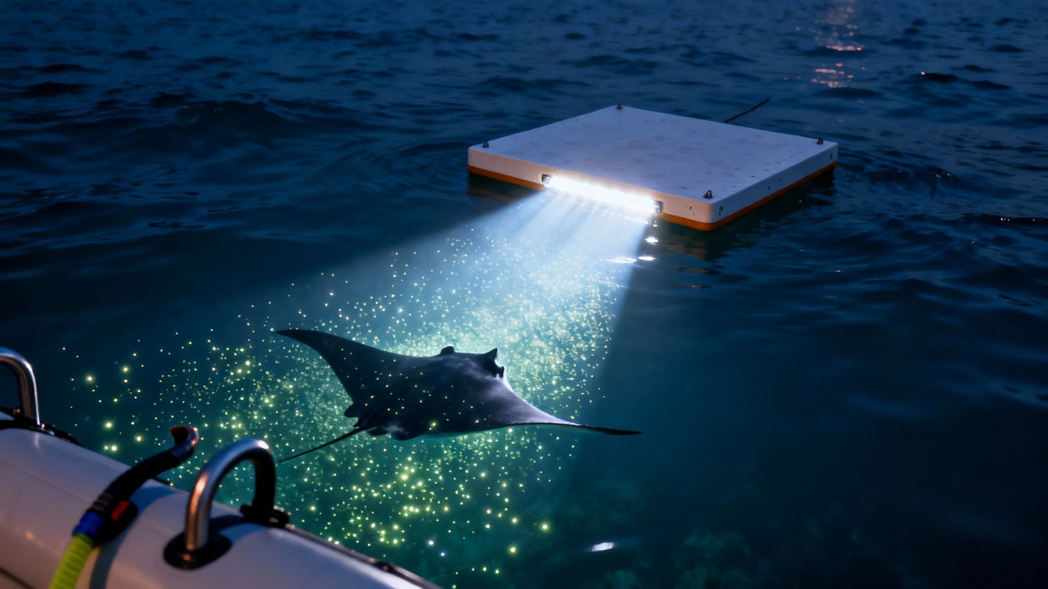 A majestic manta ray swims under a bright light in bioluminescent ocean water at night, beside a boat.