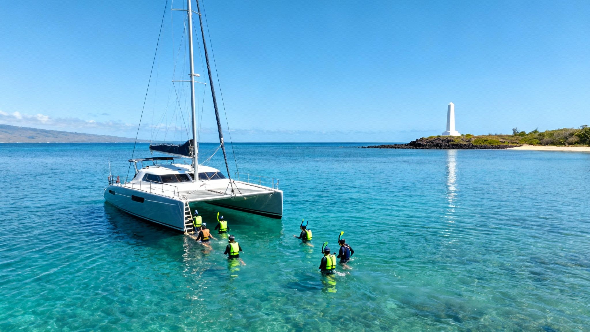 A group of people snorkeling around a white catamaran boat in turquoise waters near a lighthouse.