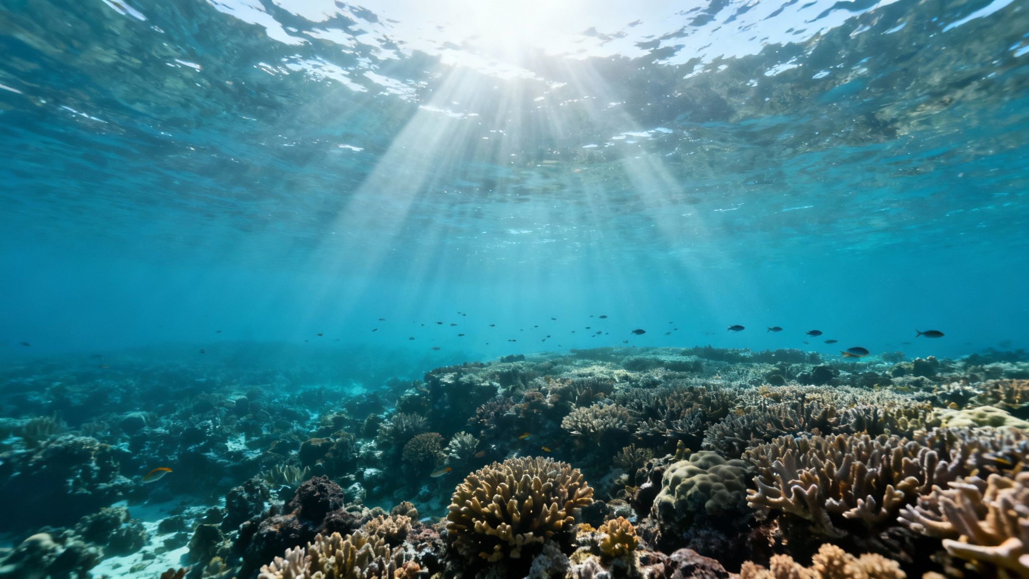Colorful fish swimming over a healthy coral reef in the clear waters of Kealakekua Bay.