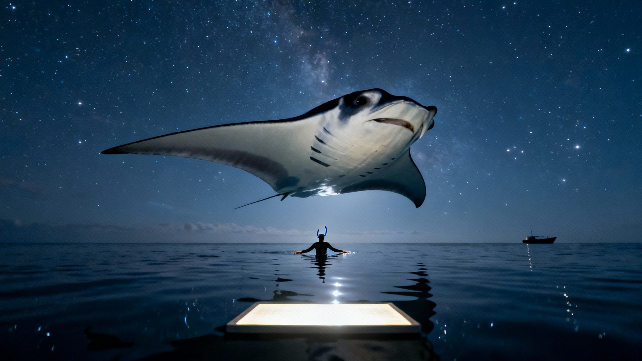 A person snorkeling at night under a starry sky, observing a large manta ray illuminated by an underwater light.