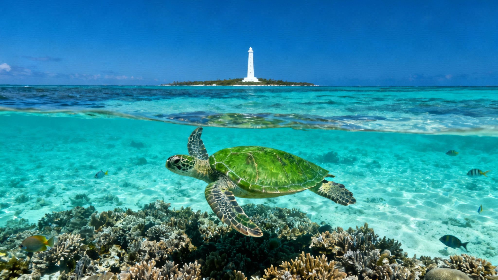 Split view of a vibrant green sea turtle swimming over coral reefs beneath a clear blue sky with a distant white lighthouse.