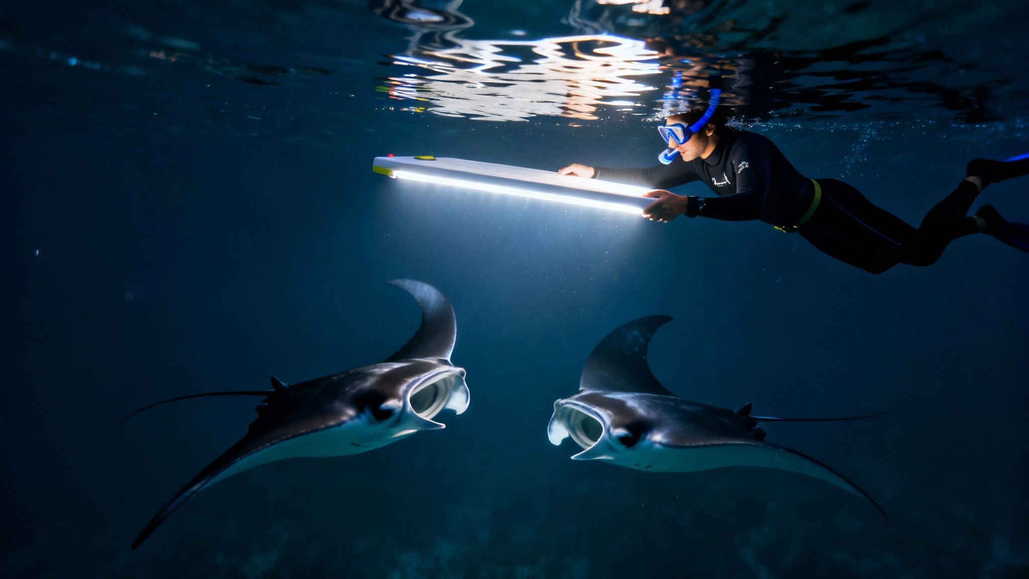 A snorkeler shines a bright light on two manta rays swimming underwater at night.