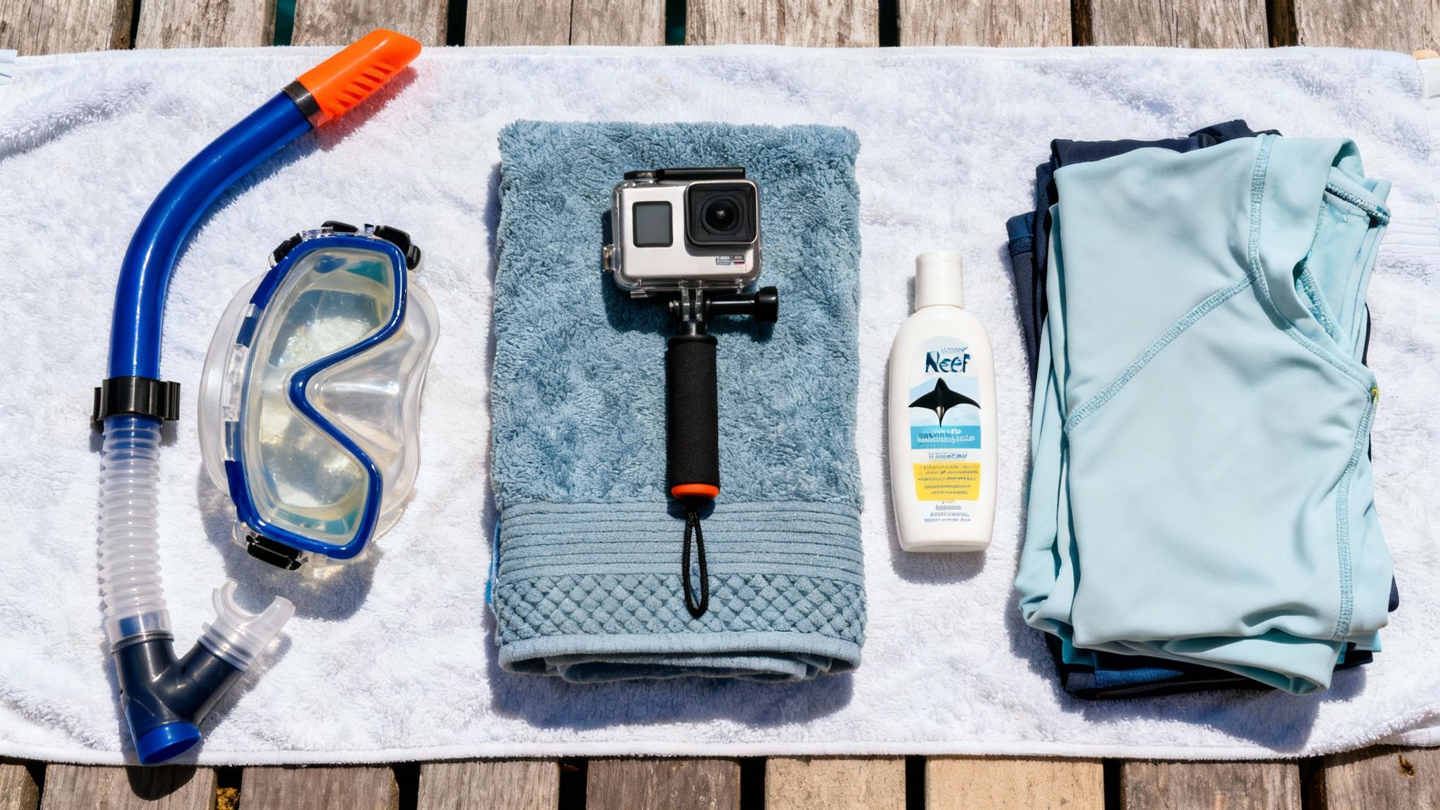 Flat lay of snorkeling gear, GoPro camera, sunscreen, and rash guards on towels, ready for a trip.