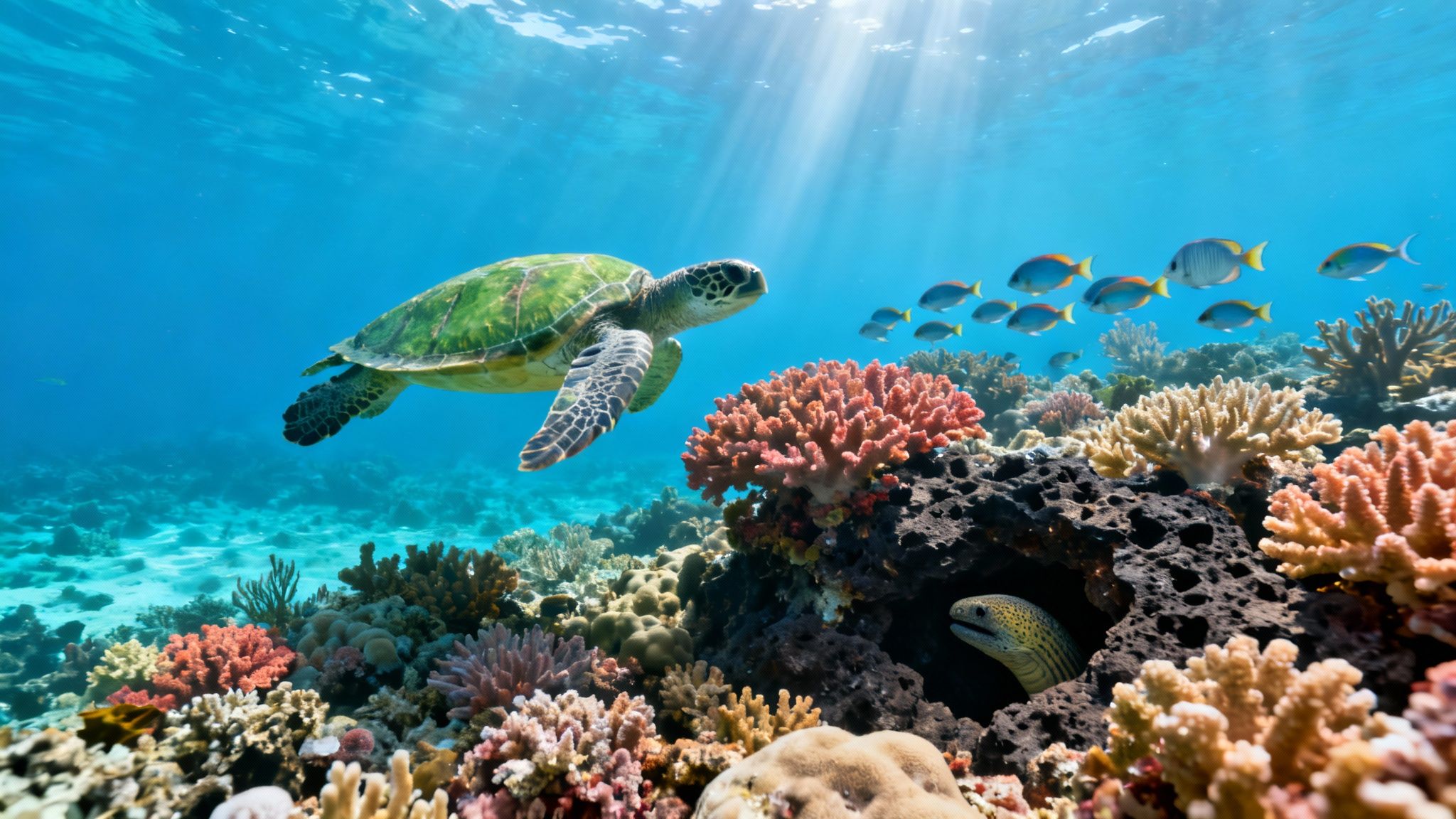 Vibrant underwater scene featuring a green sea turtle, coral reef, tropical fish, and a moray eel.