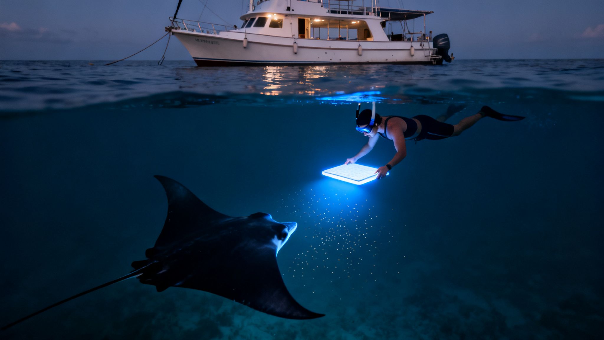 A snorkeler attracts a giant manta ray with a glowing blue light underwater at night, with a boat above.