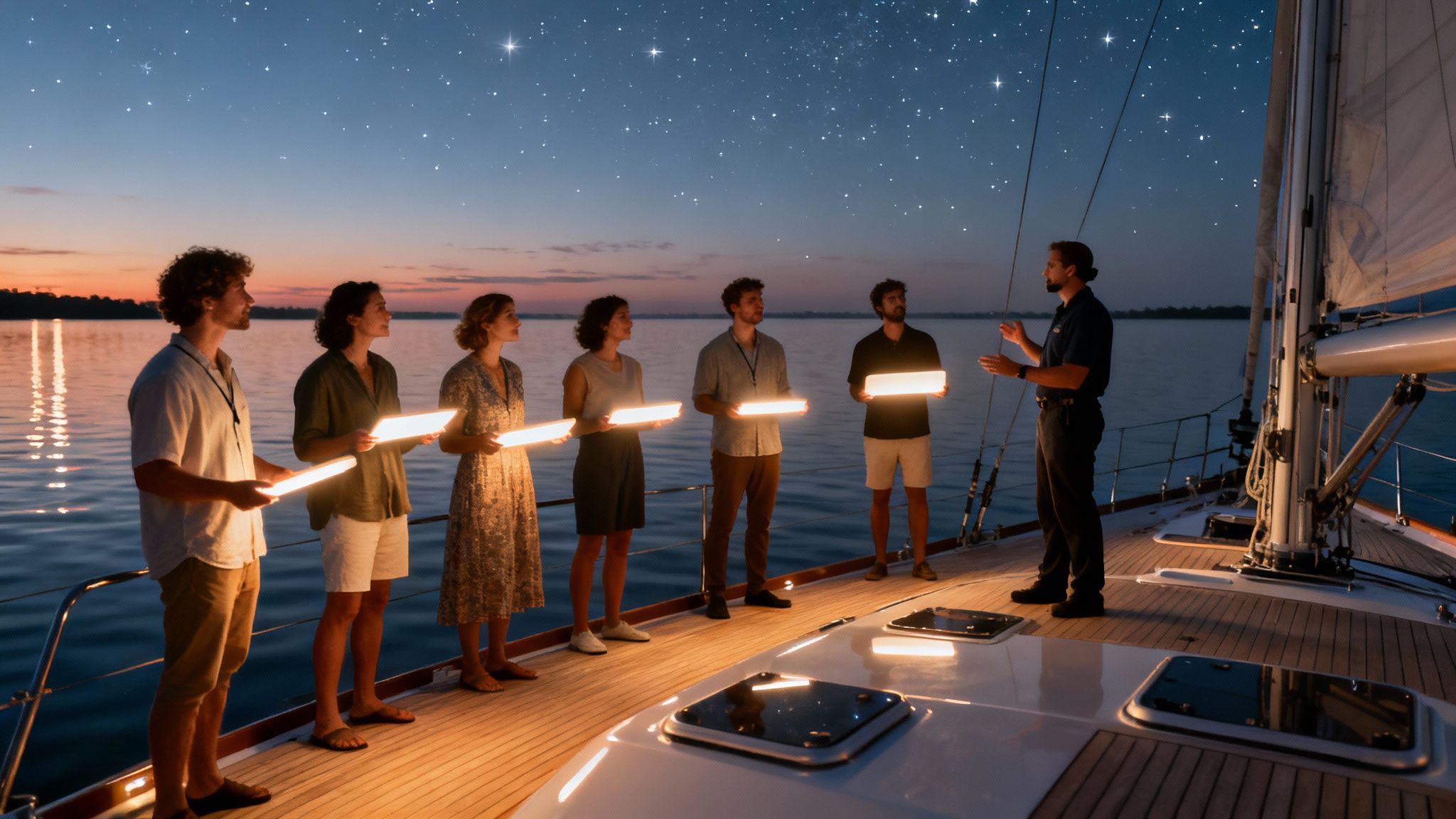 Group holding lights on a sailboat at night, learning from a guide under a starry sky.