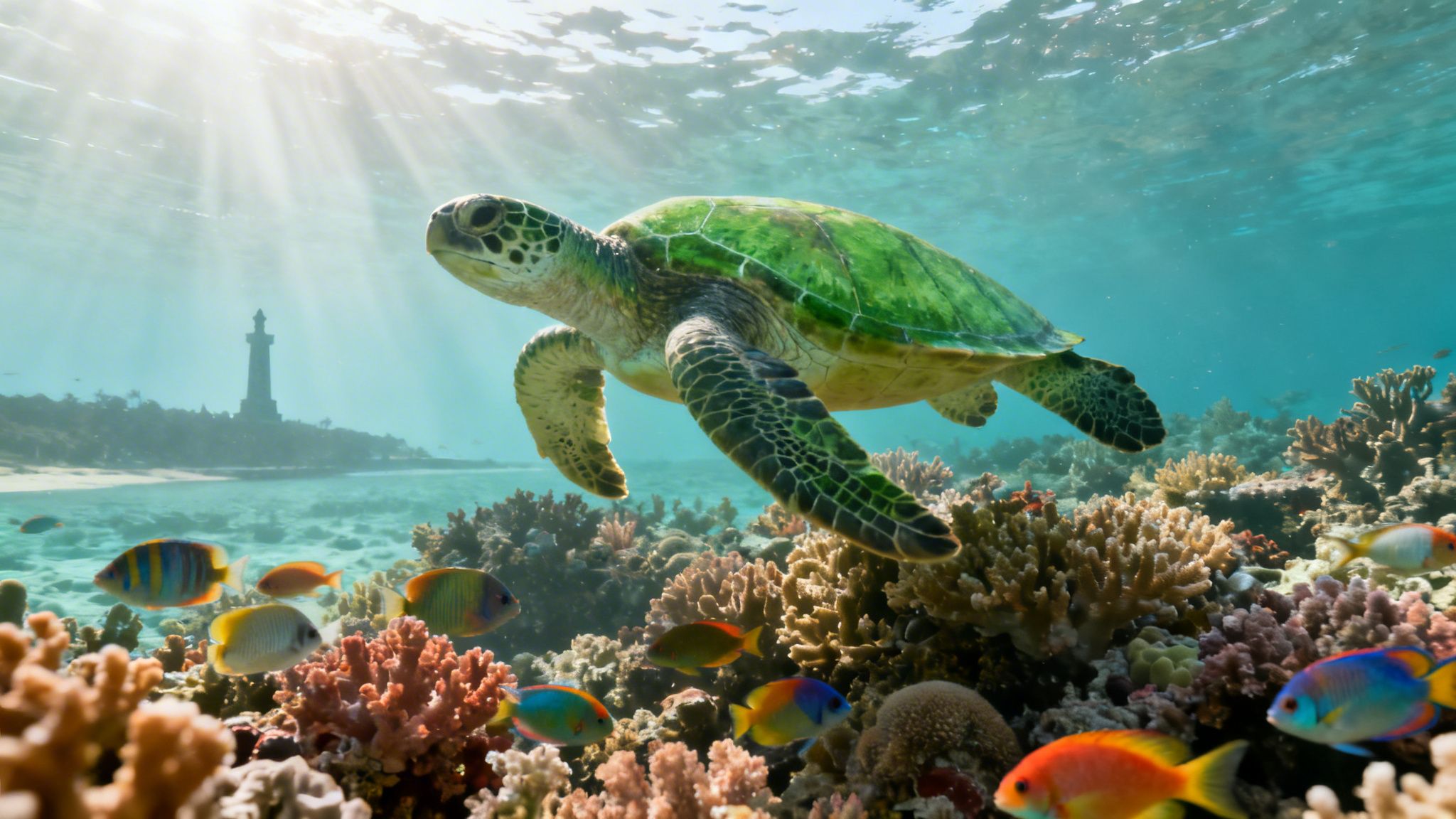Underwater view of a green sea turtle swimming above vibrant coral reef and tropical fish, with a distant lighthouse.