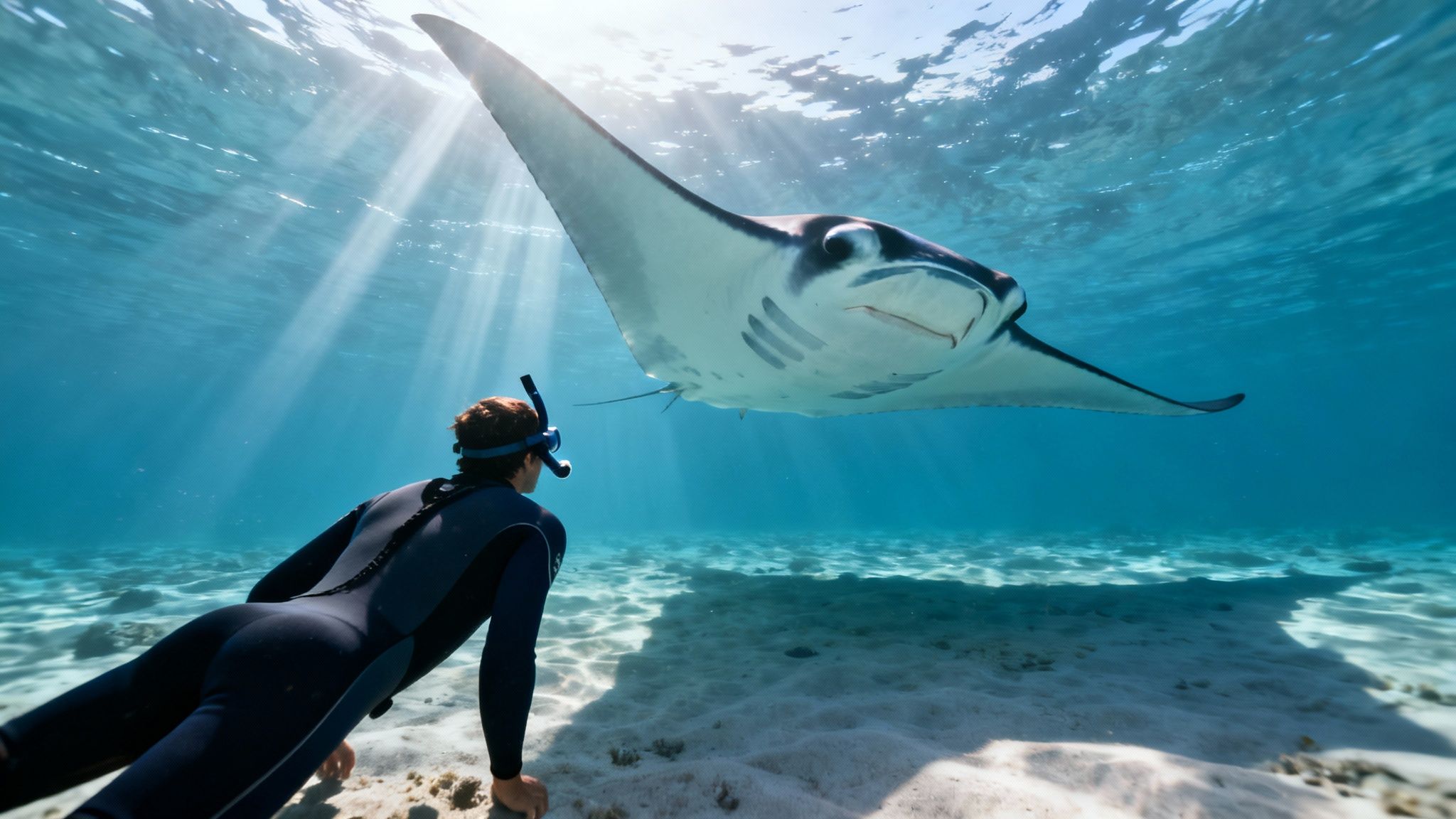 A snorkeler in a wetsuit observes a majestic manta ray swimming gracefully overhead in sunlit blue ocean water.