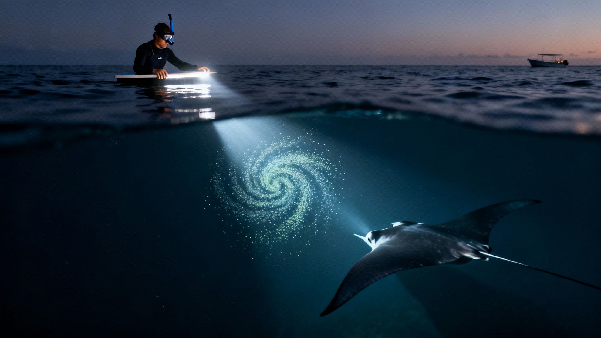 A person night snorkeling illuminates a spiral of plankton, observed by a graceful manta ray underwater.