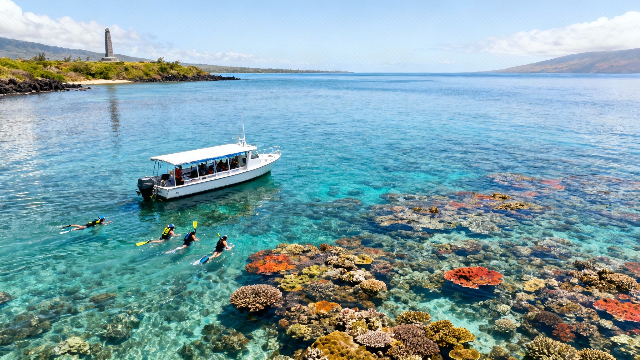 Snorkelers explore a vibrant coral reef near a boat in clear blue ocean water with a monument on the shore.