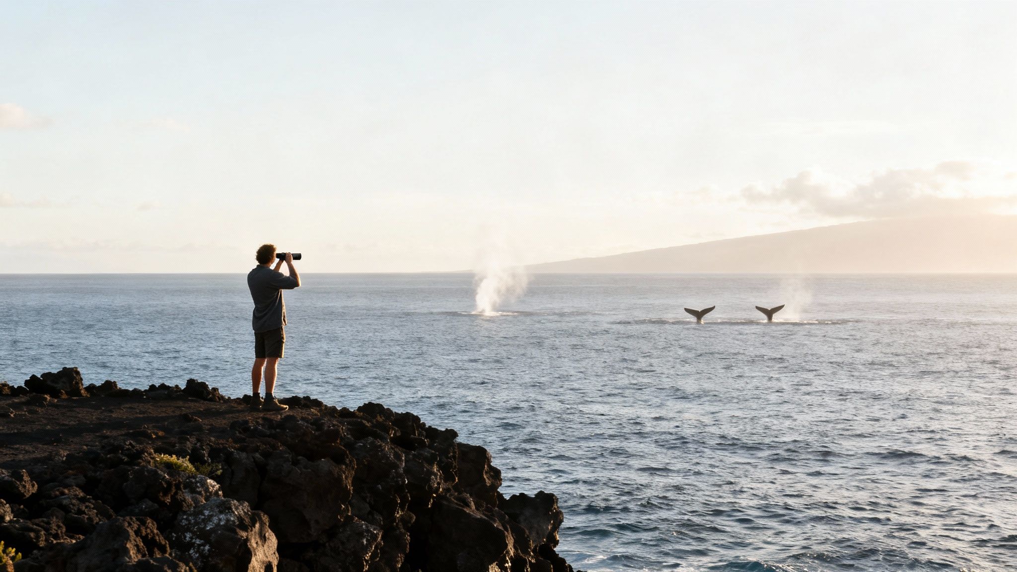 A man watches whales with binoculars from a rocky cliff at sunset, with tails and spouts visible.