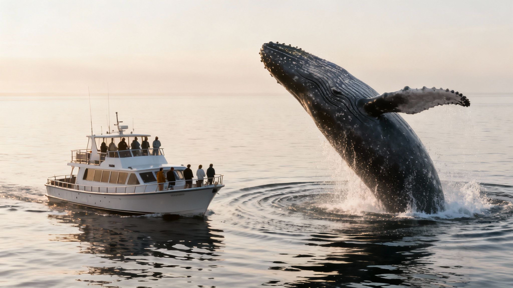 A magnificent humpback whale breaches next to a whale watching boat during a calm sunset.