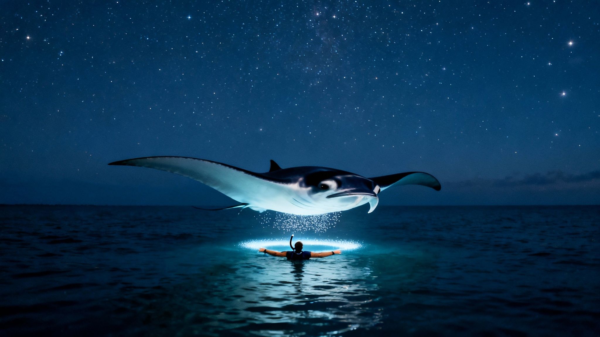 A person snorkeling at night, illuminated by a ring of light, observes a large manta ray under a star-filled sky.