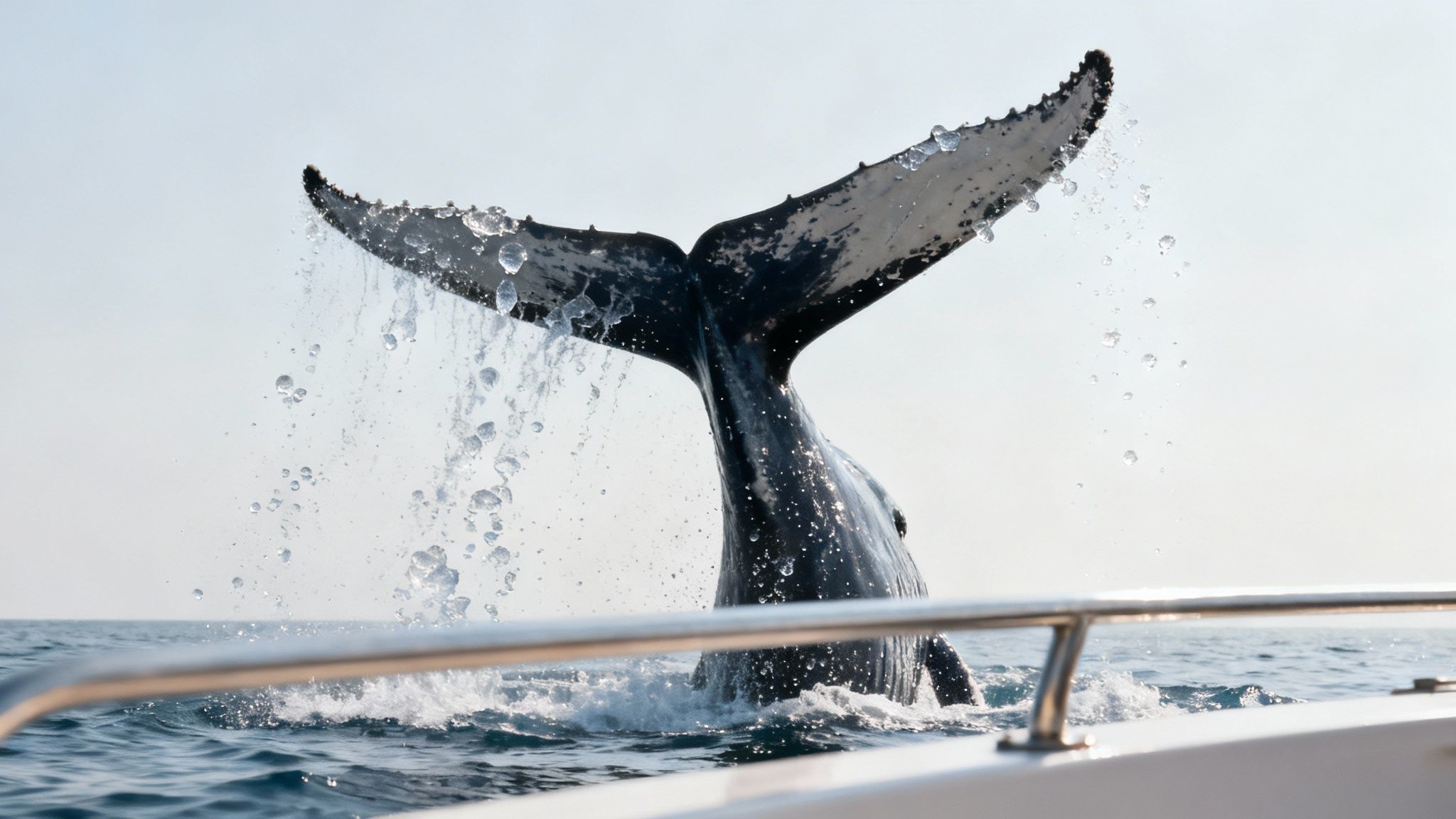 A powerful humpback whale breaching out of the water.
