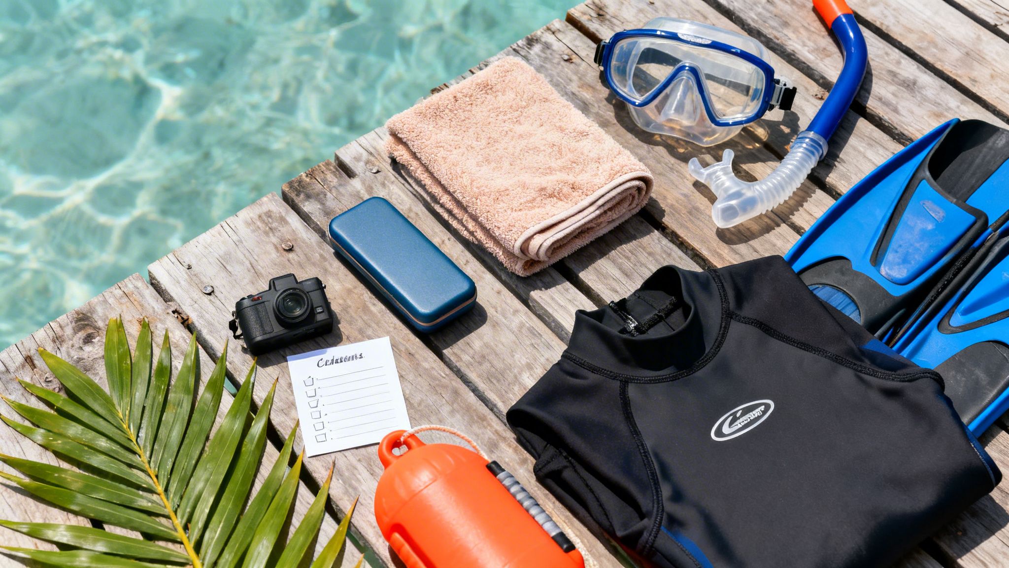 Snorkeling gear, a camera, and beach essentials are neatly arranged on a wooden dock by clear blue water.