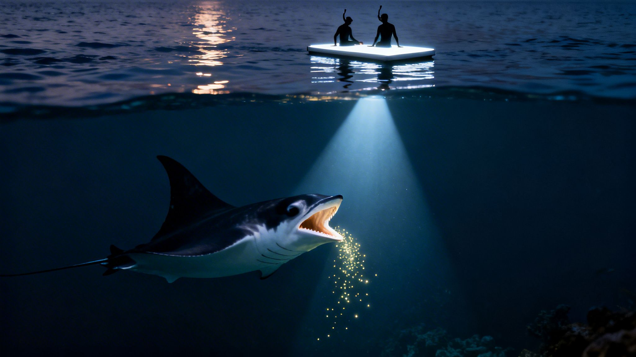 Two people on a glowing platform illuminate a manta ray feeding on bioluminescent plankton at night.
