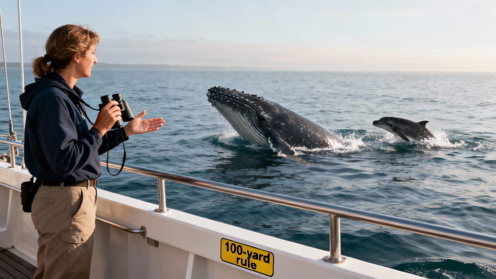 Woman on a boat watching a humpback whale breaching and a dolphin jumping in the ocean.
