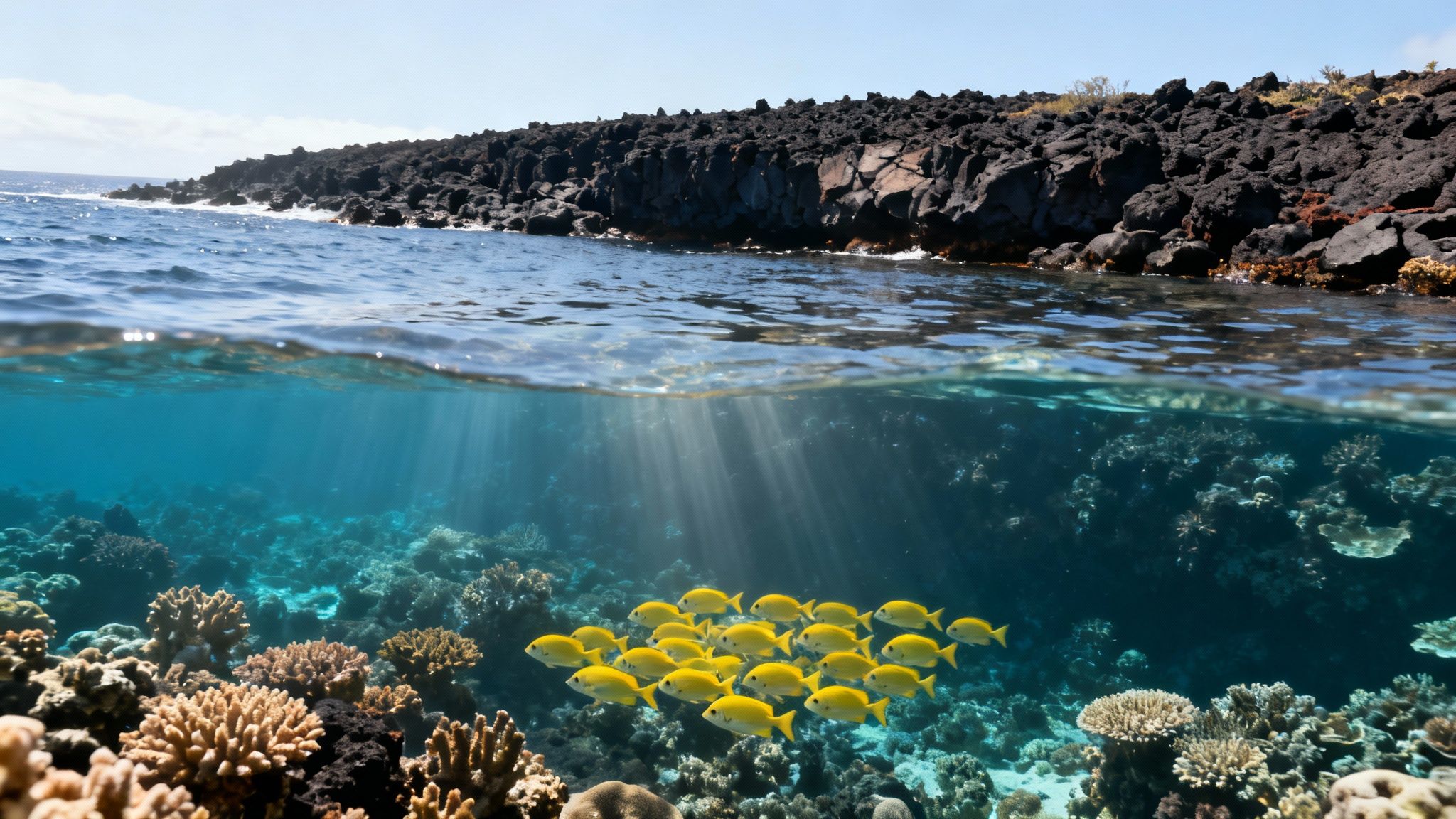 Split image of a rocky volcanic coastline above and a vibrant coral reef with a school of yellow fish below.