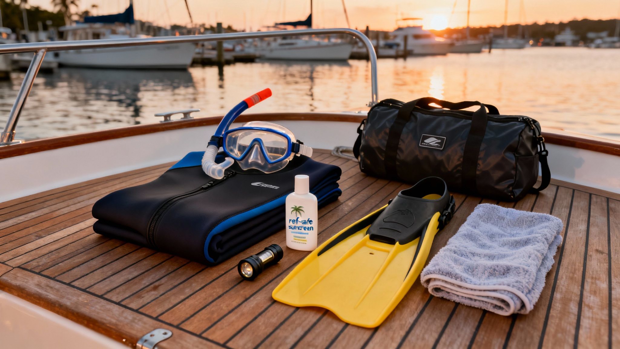 Snorkeling gear, including a wetsuit, mask, snorkel, fins, and sunscreen, arranged on a boat deck at sunset.