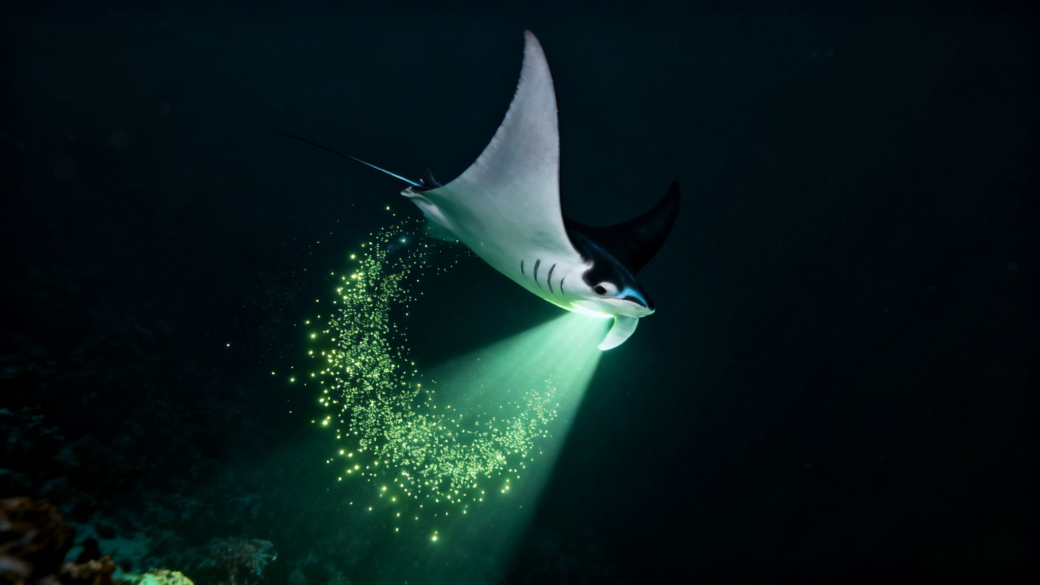 A beautiful manta ray glides through dark water, illuminated by a green light beam and magical bioluminescent particles.