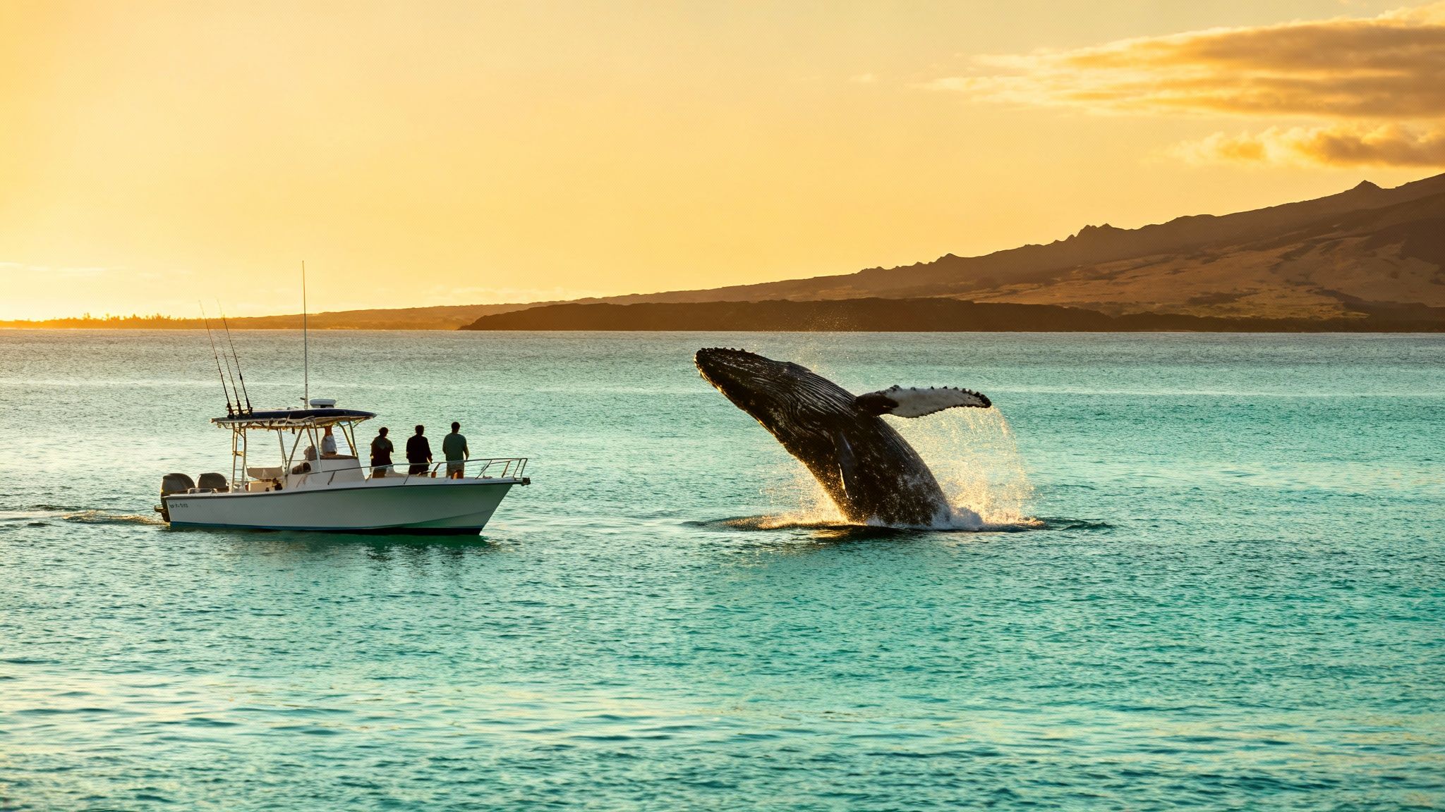 A magnificent humpback whale breaches out of turquoise water near a boat with spectators at sunset.