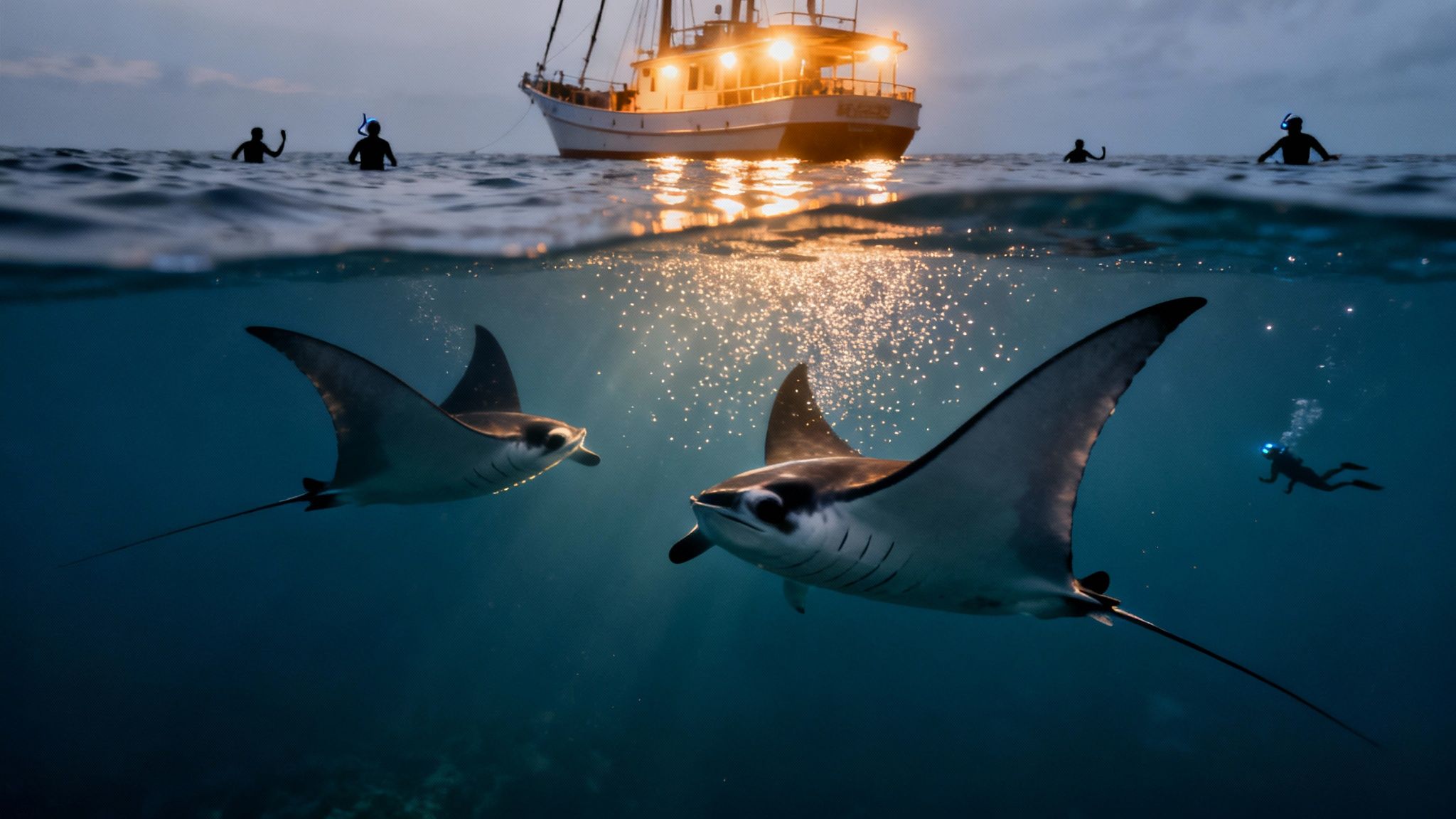 Two majestic spotted eagle rays swim underwater as snorkelers and a lit boat float above.