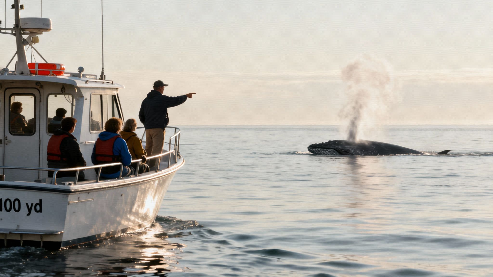 People on a whale watching boat pointing at a humpback whale spouting water at sunset.
