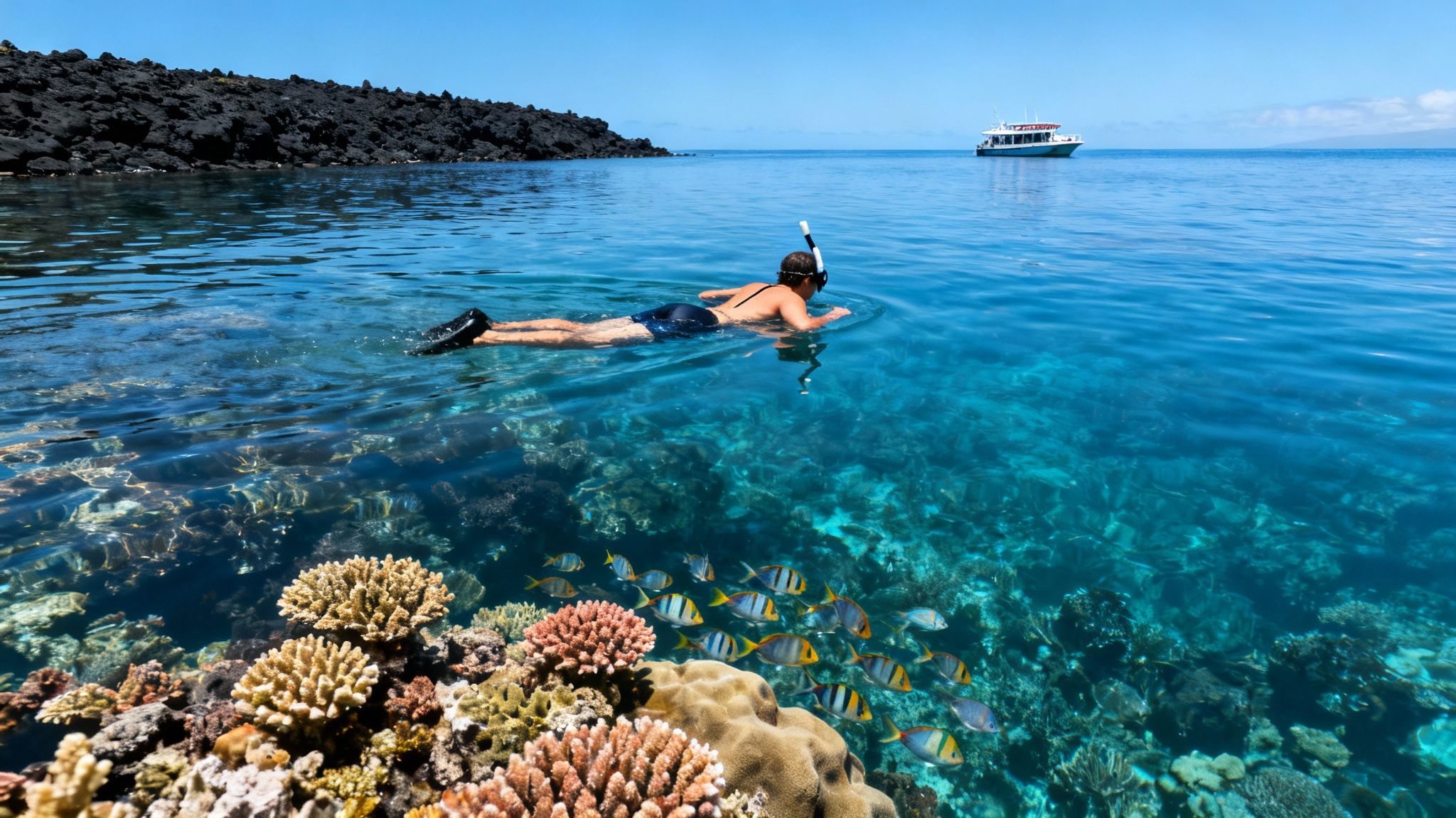 A snorkeler glides over a vibrant coral reef teeming with fish near a volcanic island coast.