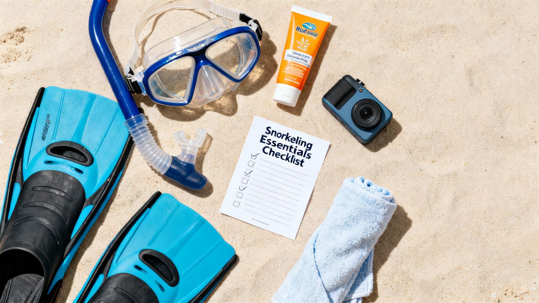 Snorkeling essentials laid out on sand, including fins, mask, snorkel, sunscreen, camera, towel, and a checklist.