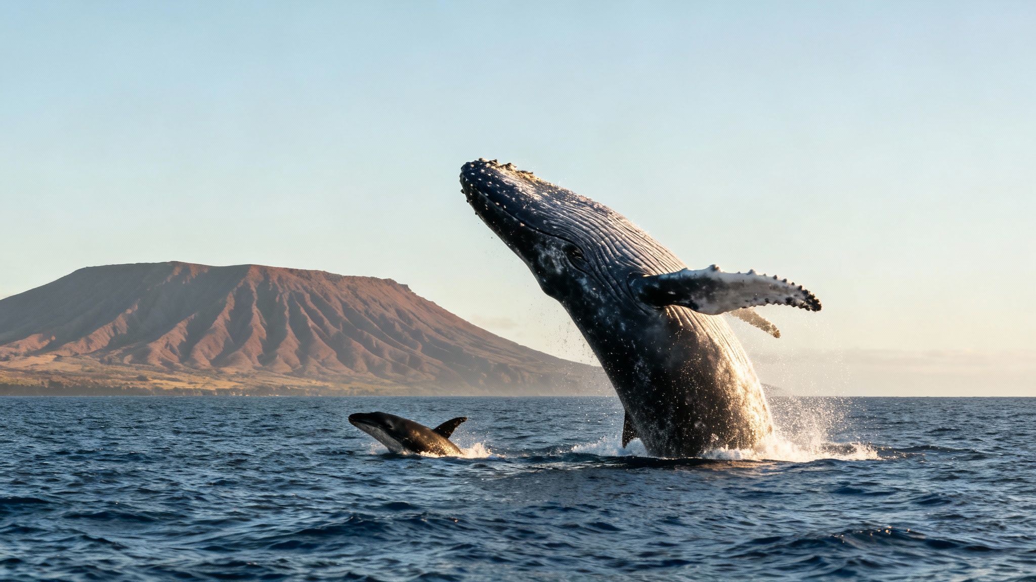 A majestic humpback whale breaches with a smaller whale in the ocean near a volcanic island.