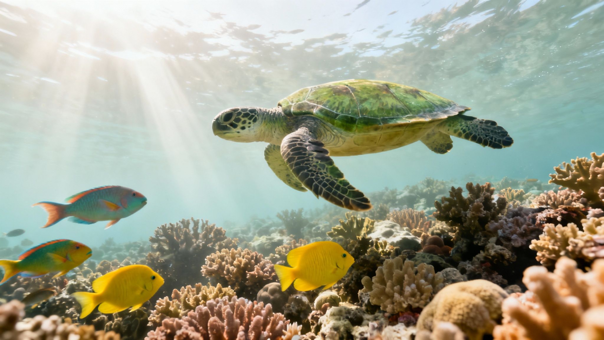 Green sea turtle swimming over vibrant coral reef with tropical fish in clear blue water