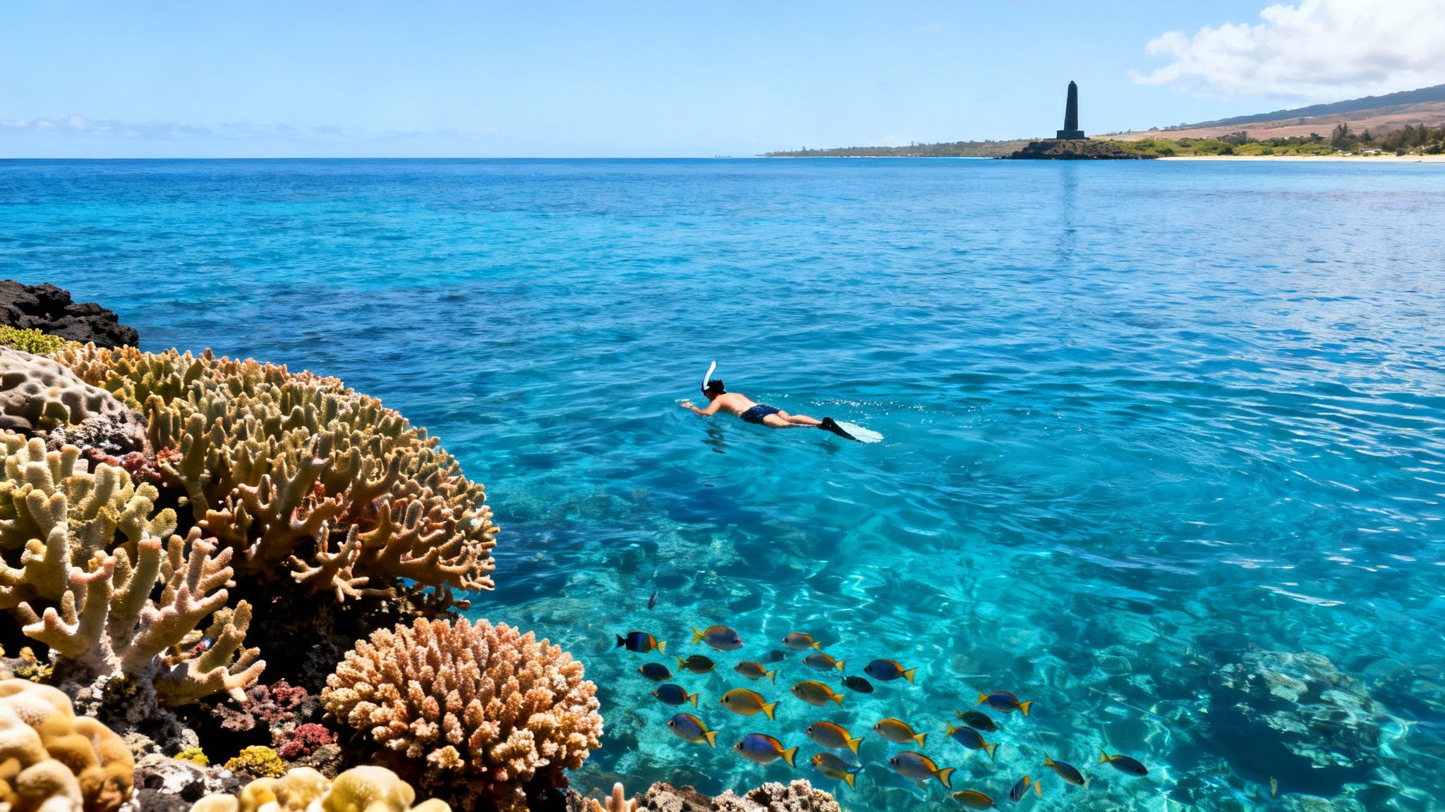 Snorkeling adventure with vibrant coral reefs, tropical fish, and a clear blue ocean view.
