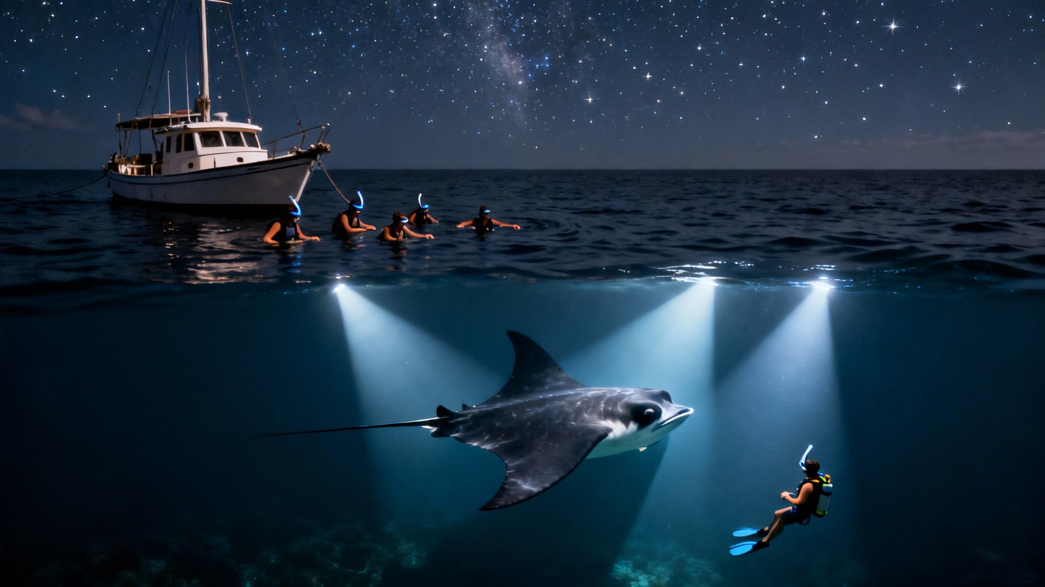 Snorkelers swimming at night with giant manta ray illuminated by underwater lights in Hawaii