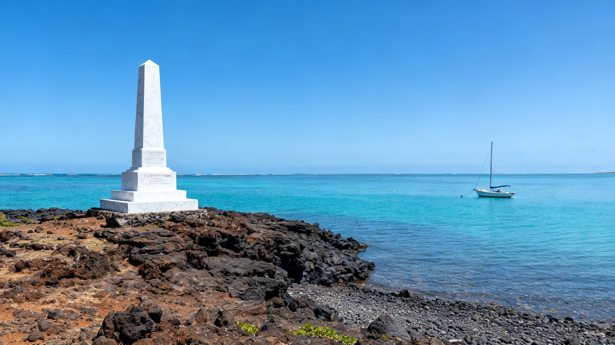 White obelisk monument on a volcanic rock coastline with a sailboat on calm turquoise ocean under a clear blue sky.