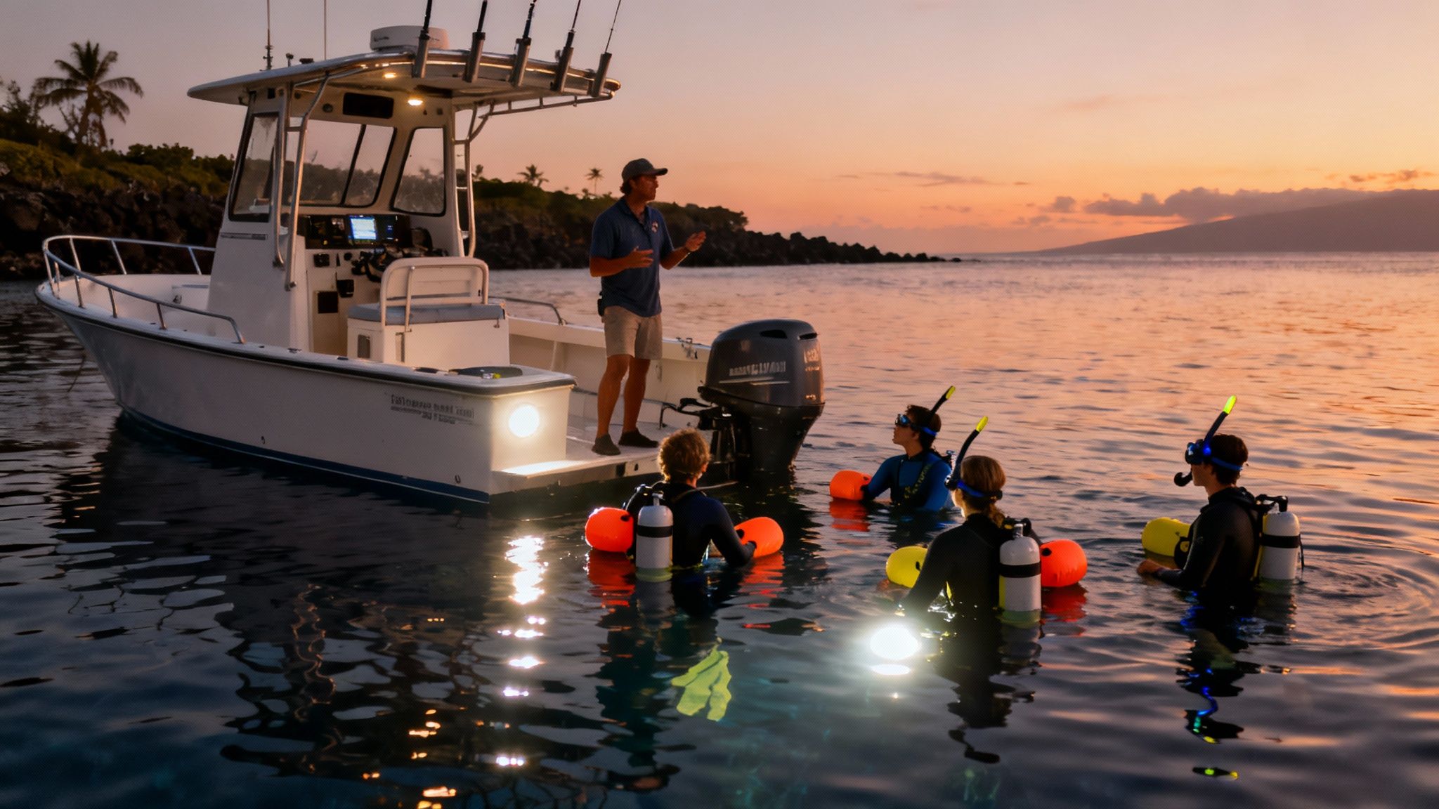 Instructor on a boat briefs divers in the water at sunset for a manta ray night snorkel.