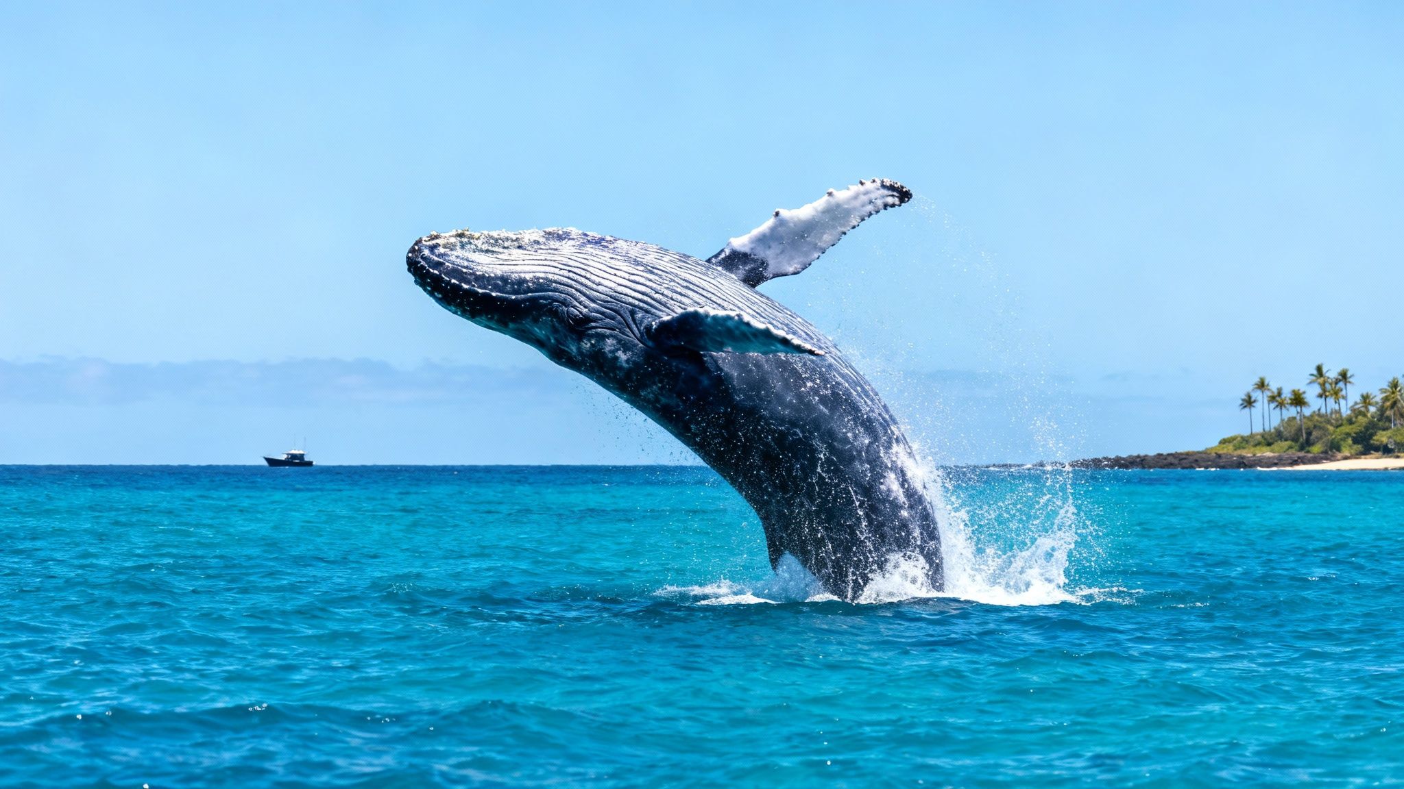 A majestic humpback whale breaches, creating a splash in the turquoise ocean, with a distant island and boat.