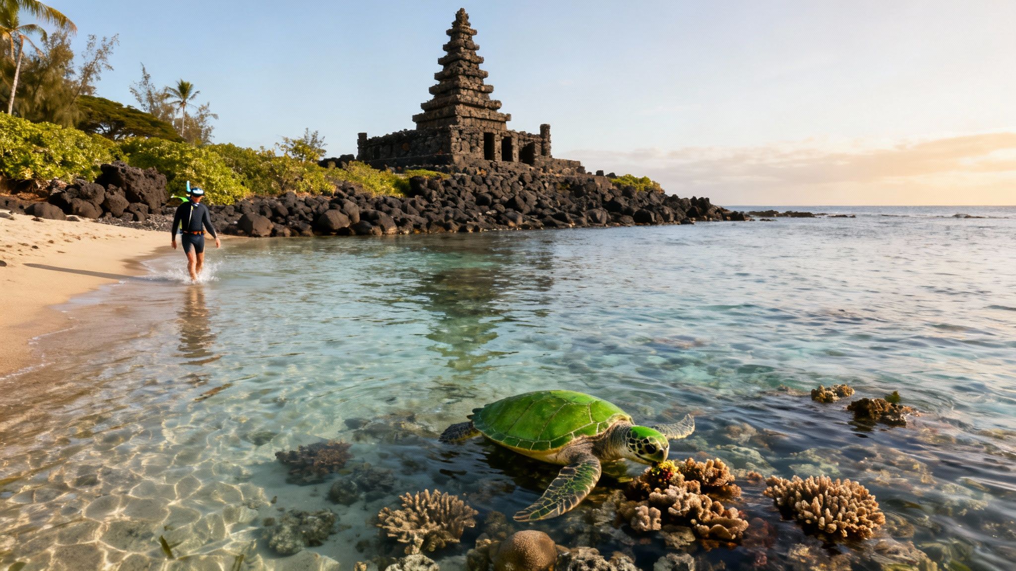 A person with snorkel gear walks into clear ocean water with a green sea turtle and ancient temple.